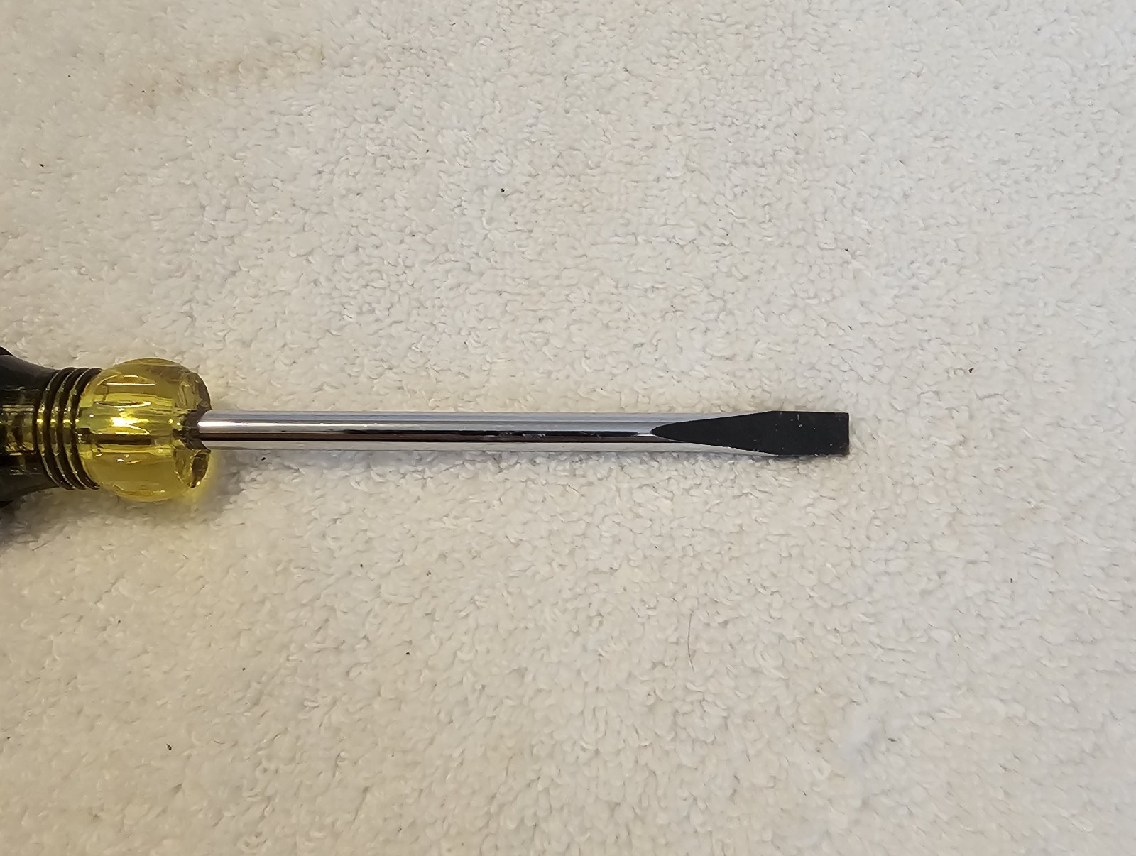 604-4 Klein Tools Long Flat Blade Screwdriver Black / Yellow Handle Round Shank