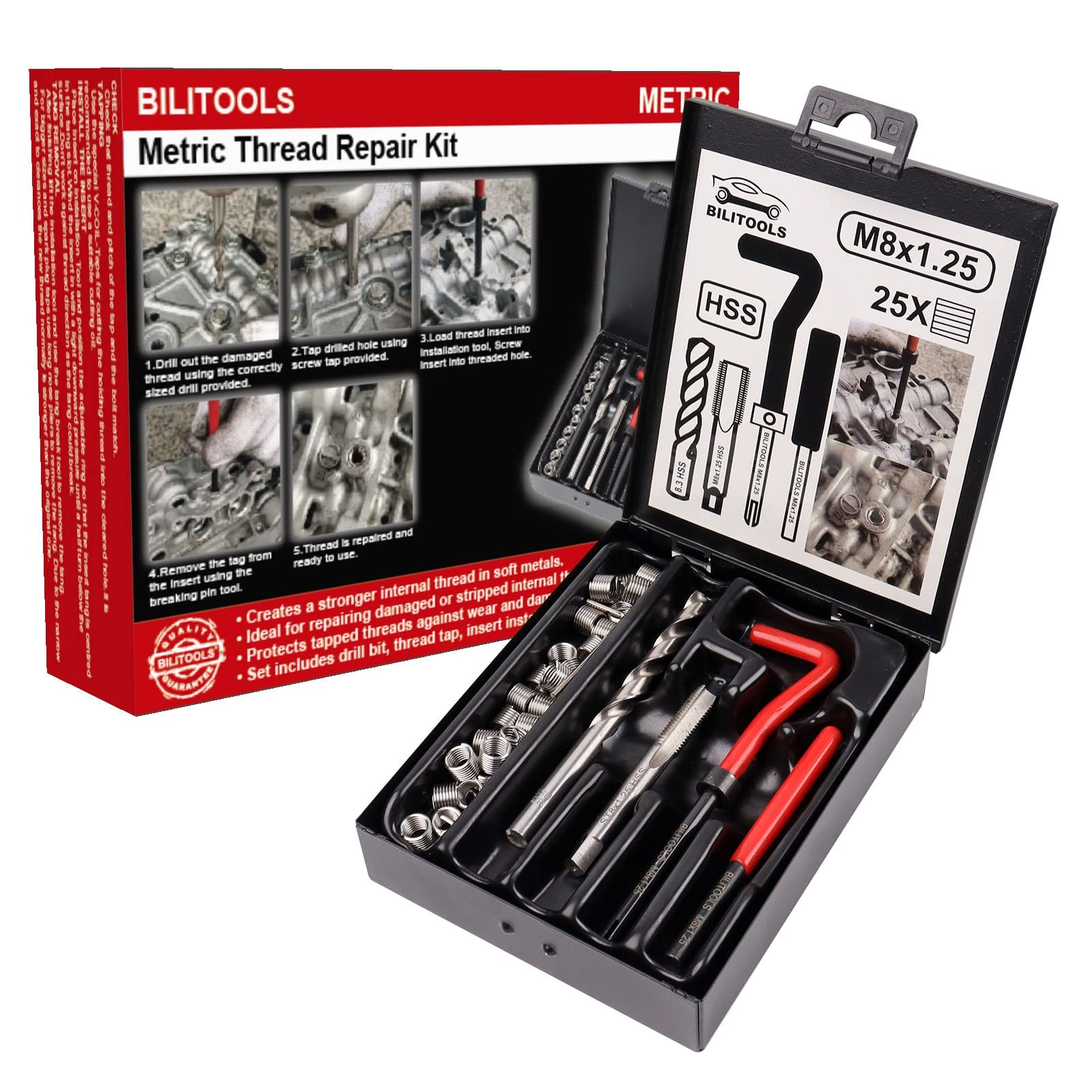 BILITOOLS M8x1.25 Thread Repair Kit, HSS Drill Helicoil M8 x 1.25, Metric