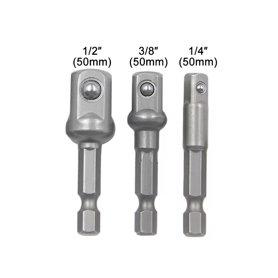 3PC 50mm HEX SHANK DRILL BIT TO 1/4 1/2 3/8 INCH SQUARE DRIVE SOCKET ADAPTOR SET