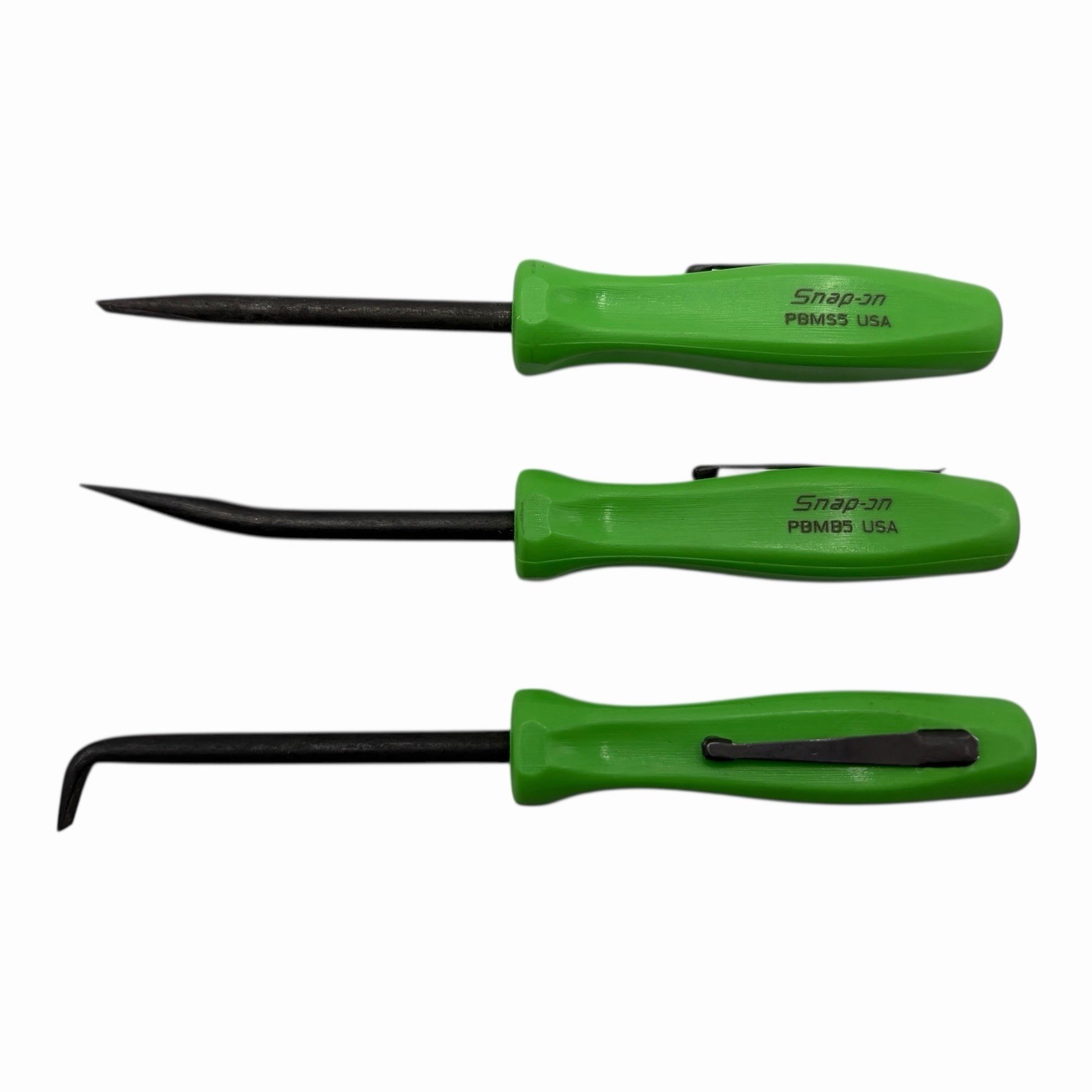 Snap On Tools Mini Pocket Pry Bar Set 3 piece Green 5 inch Straight Bent 90