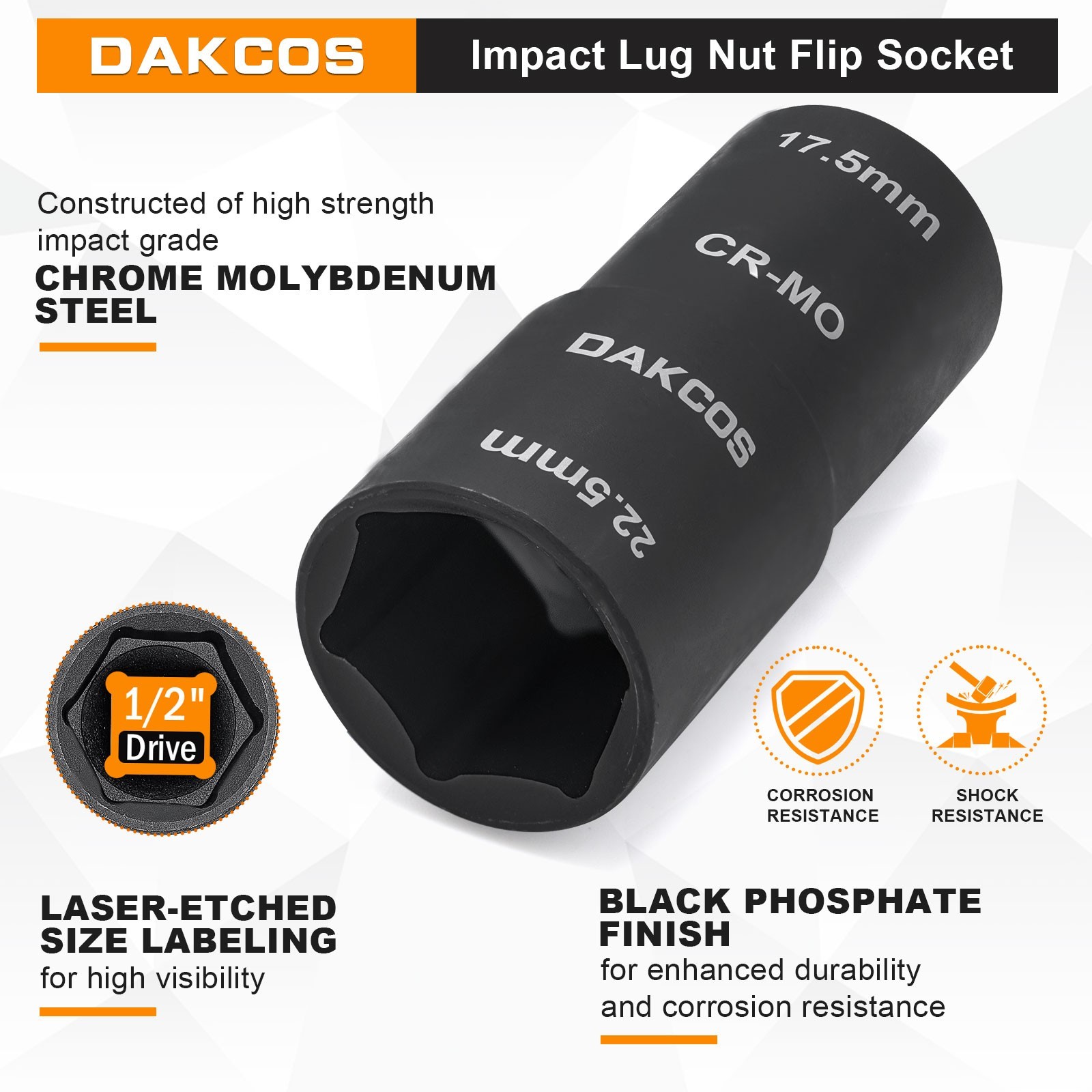DAKCOS 17.5 x 22.5 mm Impact Wrench Nuts, 1/2 Inch Double Head Power Socket