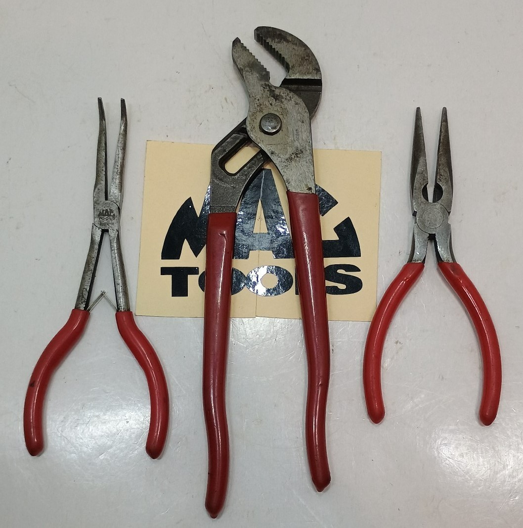 43- Mac Tools (3) Red Handle Grip Pliers P301714, P301820, M420G- Used