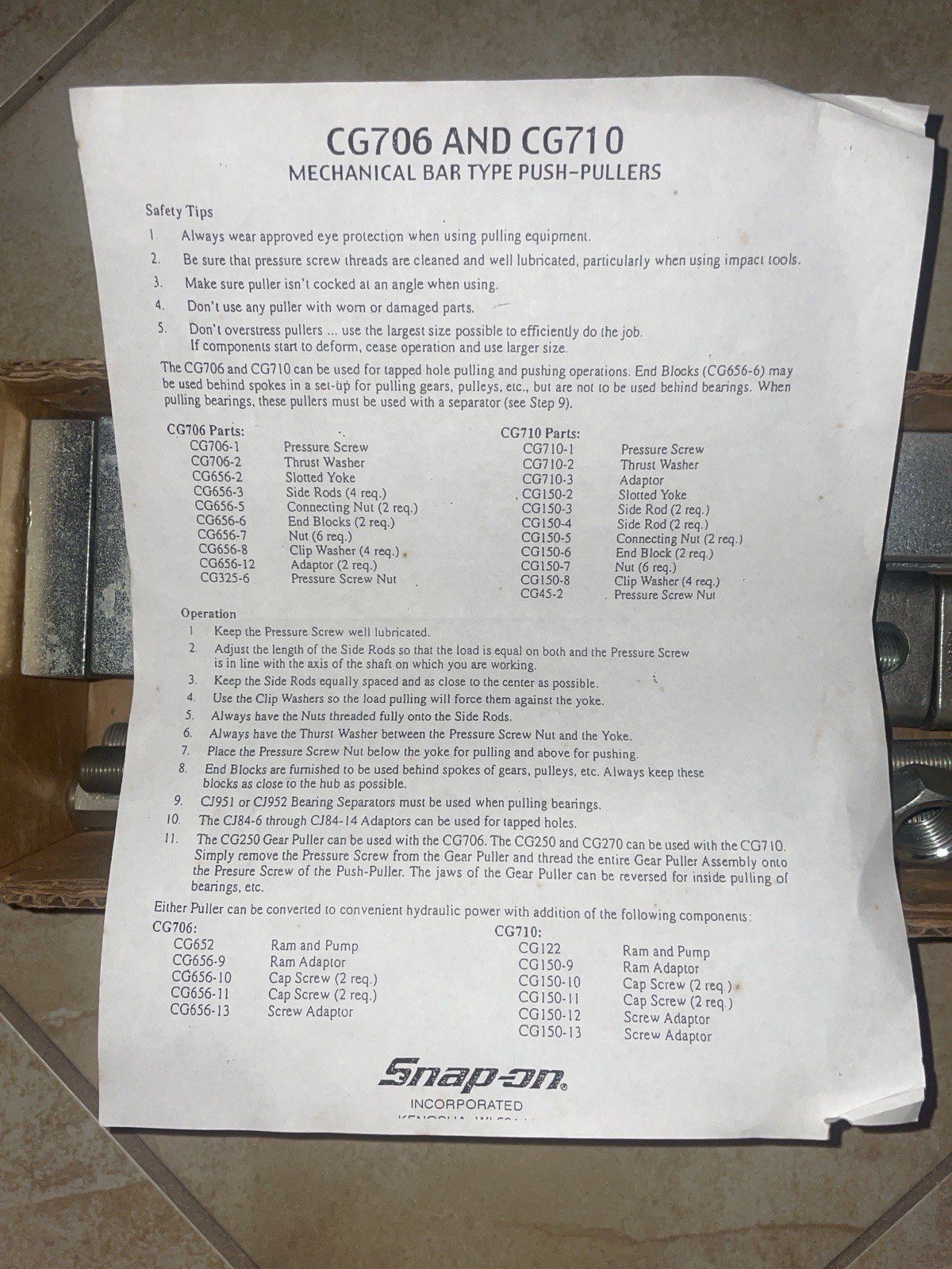 snap on CG710 – Mechanical Bar Type Push Puller
