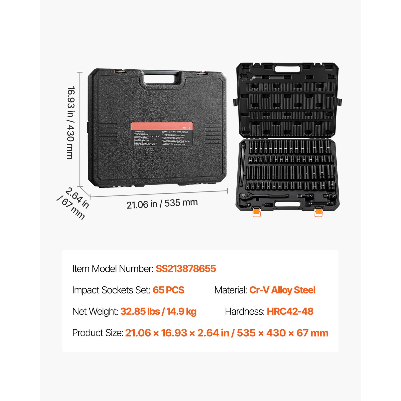 Uimoso 65-Piece 1/2″ Drive Impact Socket Set with 6-Point Design & Case