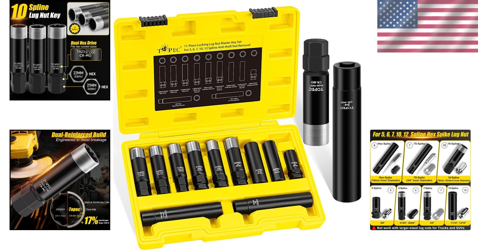 11PCS Lug Nut Key Set for Spline, Spike, Hex Locks Wheel Lock Removal Kit