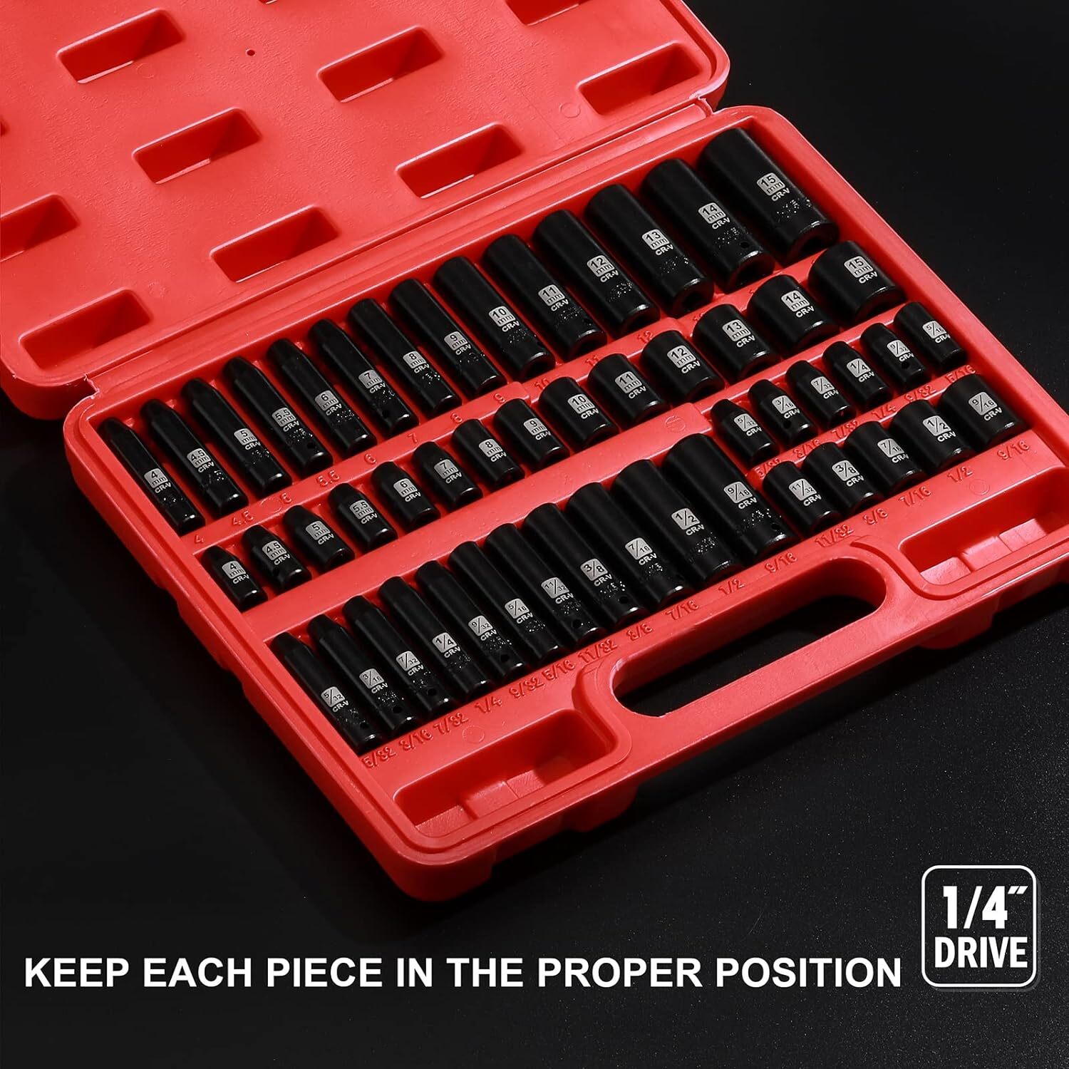 50PCS 1/4″ Drive Master Impact Socket Set,Deep & Shallow,Metric/SAE,6 Point,CR-V