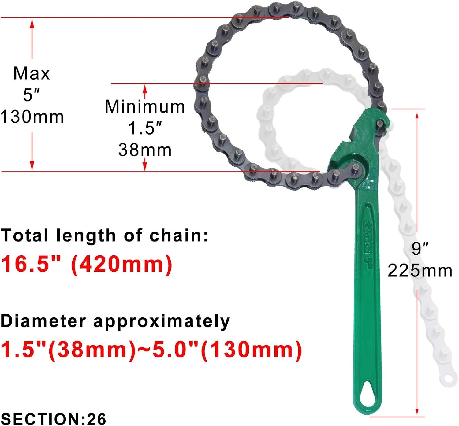 9in. Heavyduty Ratcheting Chain Wrench Reversible Oil Filter – Fit Max 5in D…
