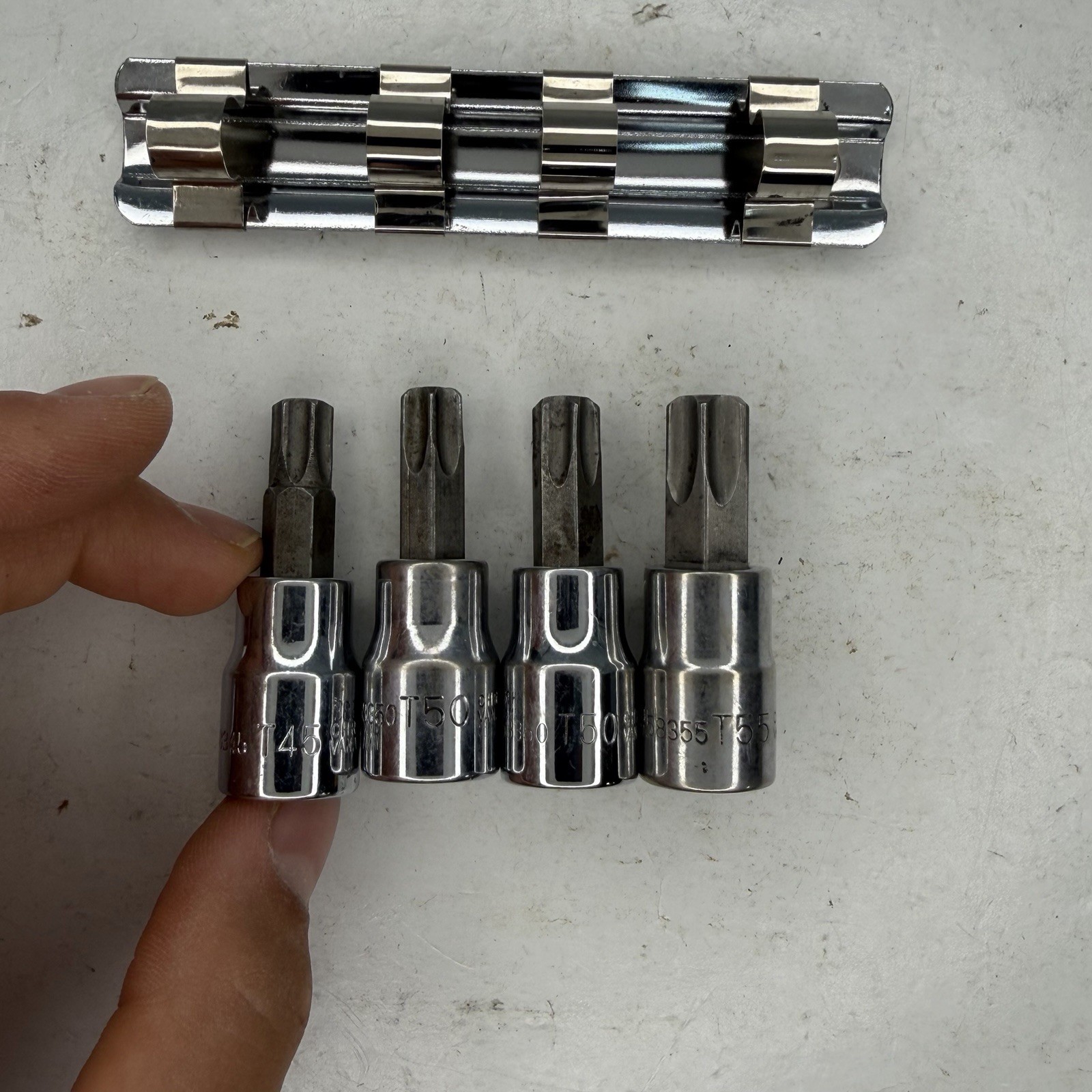 Thorsen T55 T50 T45 3/8″ dr Torx Star Bit Socket 58355 53350 58345 4Pc On Rail