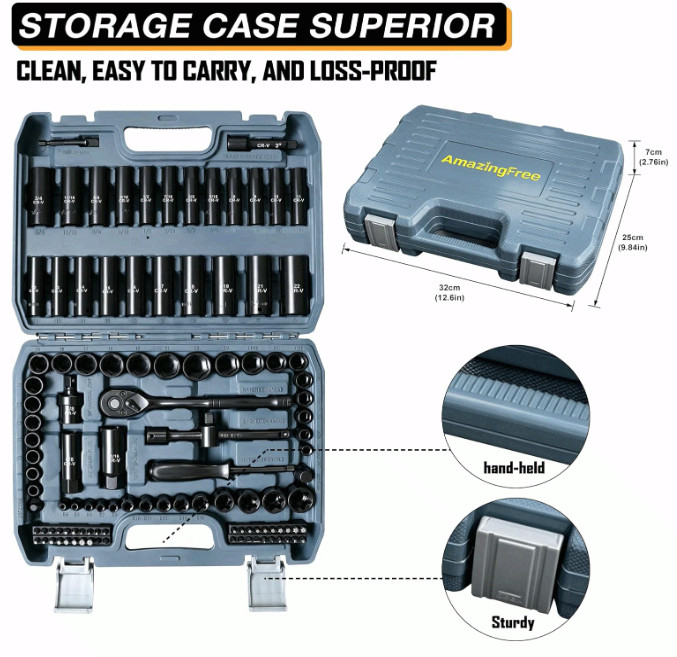 110PC 3/8″ Drive Impact Socket Set SAE & Metric CR-V w/ Ratchet & Case
