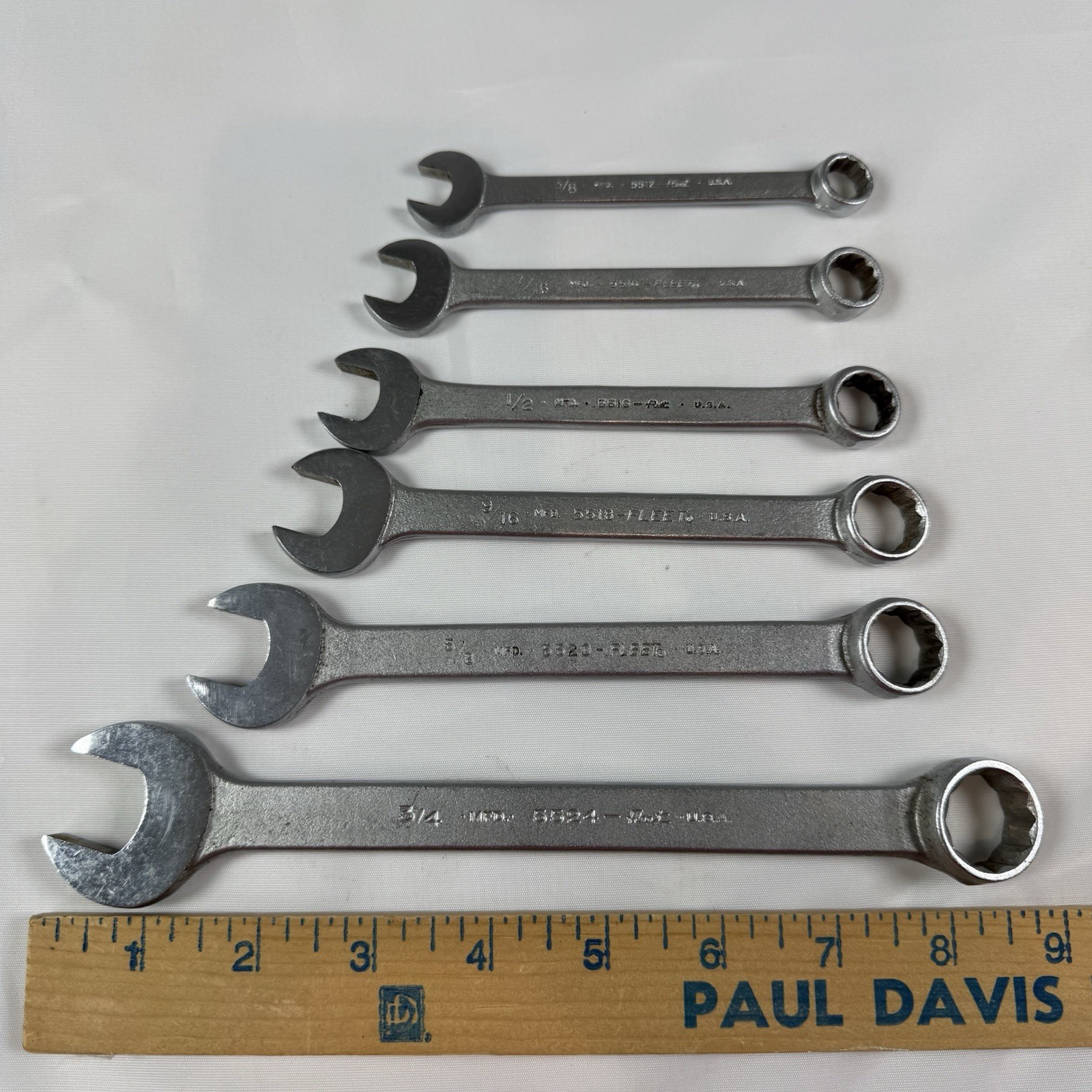Vintage Set of 6 FLEET Wrenches USA 3/4, 5/8, 9/16, 1/2, 7/16, 3/8