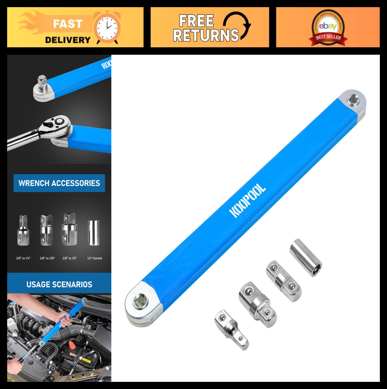 Offset Extension Wrench Set, Impact Ready Wrench Extender with 1/2″, 1/4″, 3/8″