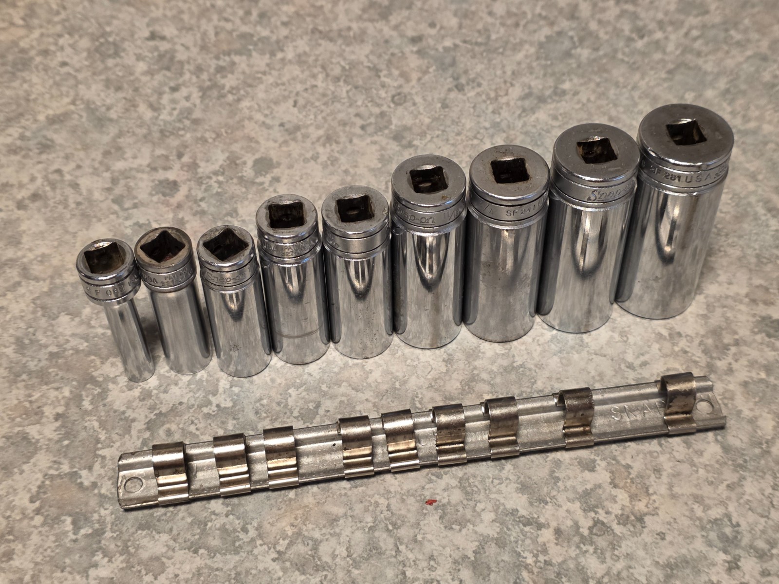 10Pc Snap On Underline DEEP SAE 1/4″-7/8 Socket Set Lot 12-PT 3/8” Drive w/rail