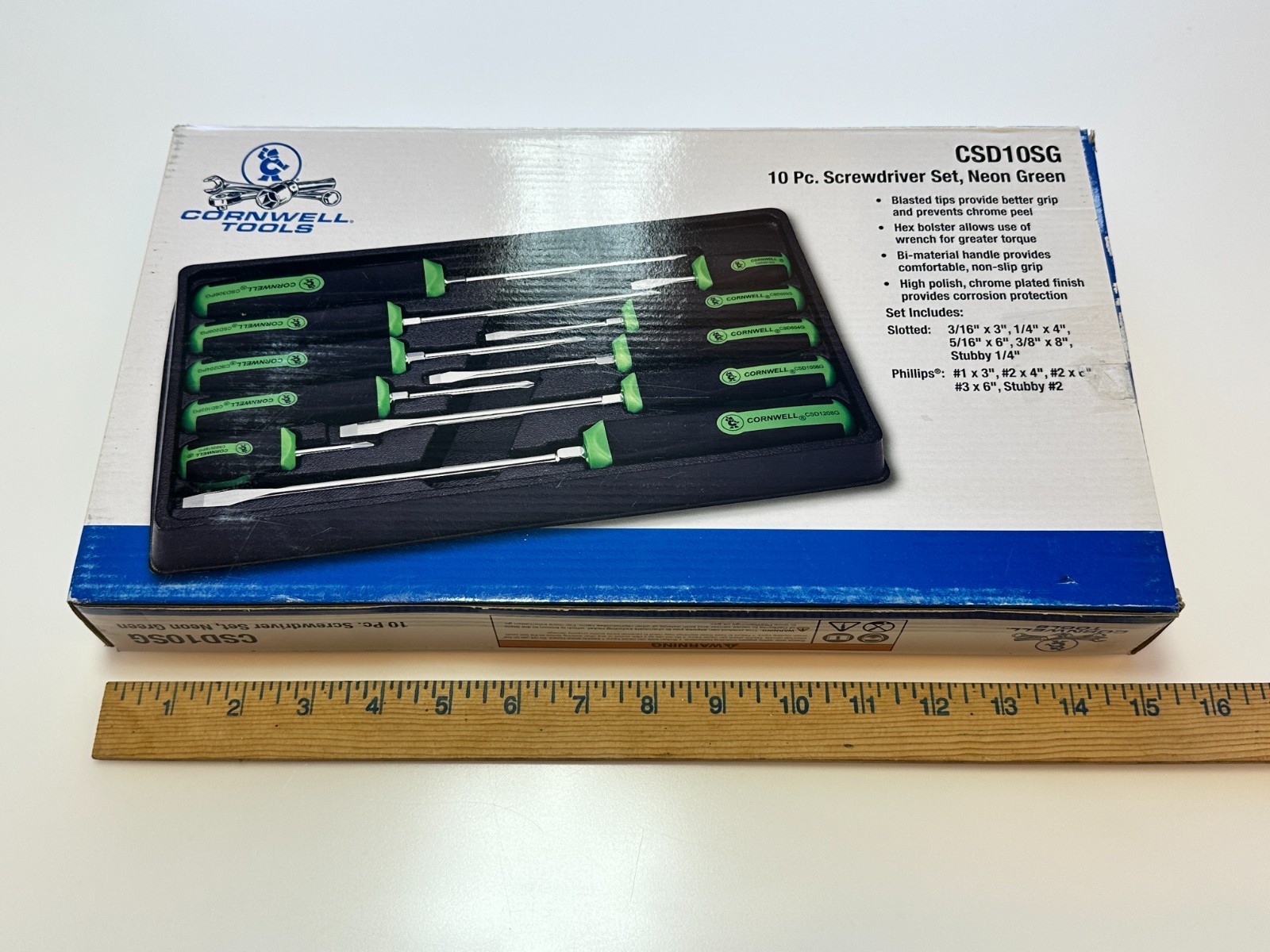 NEW Cornwell Tools CSD10SG 10pc NEON GREEN Square Grip Screwdriver Set, NOS
