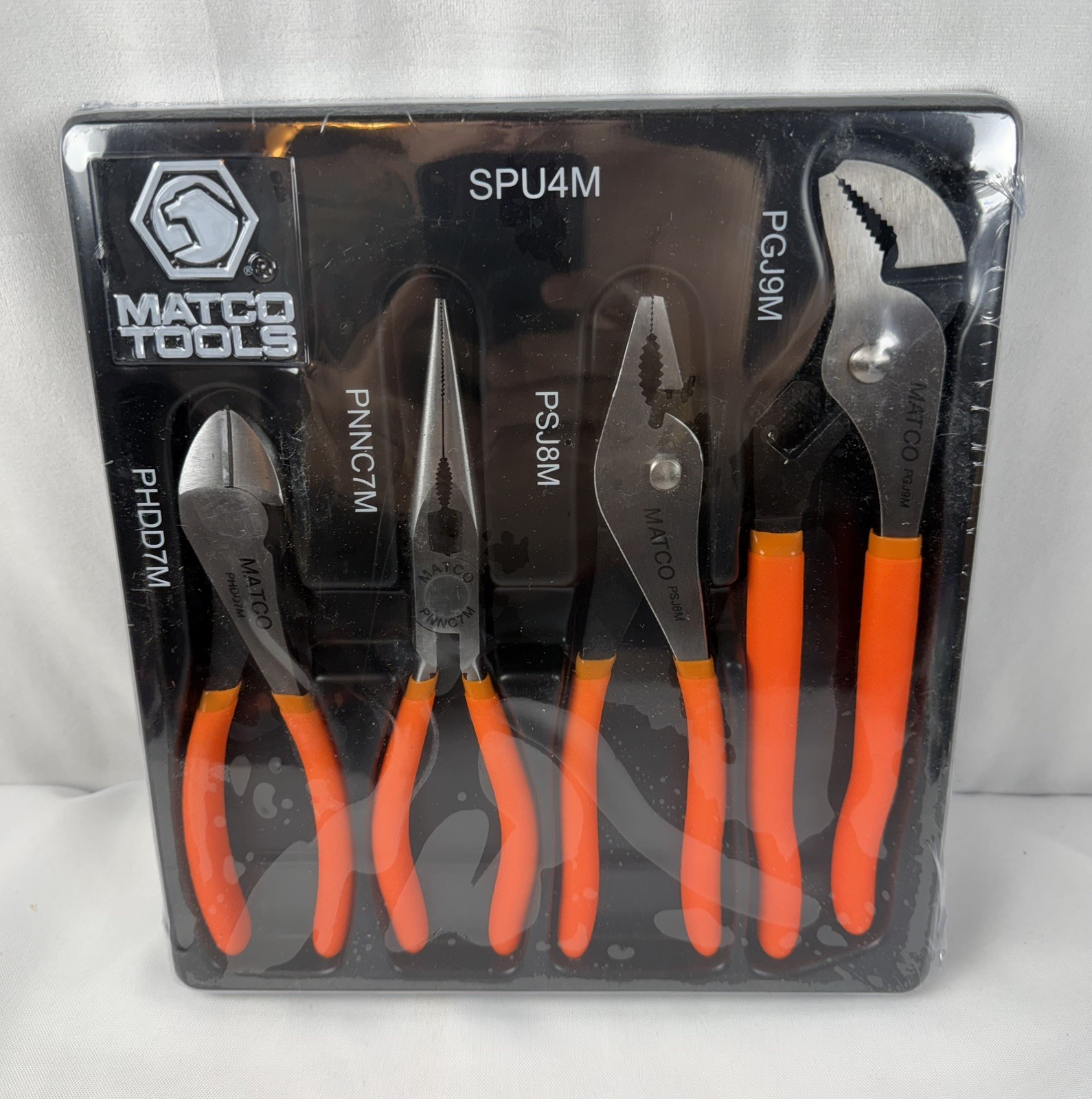 NEW Sealed Matco Tools SPU4M 4pc Universal ORANGE GRIP Pliers Set w/ Tray
