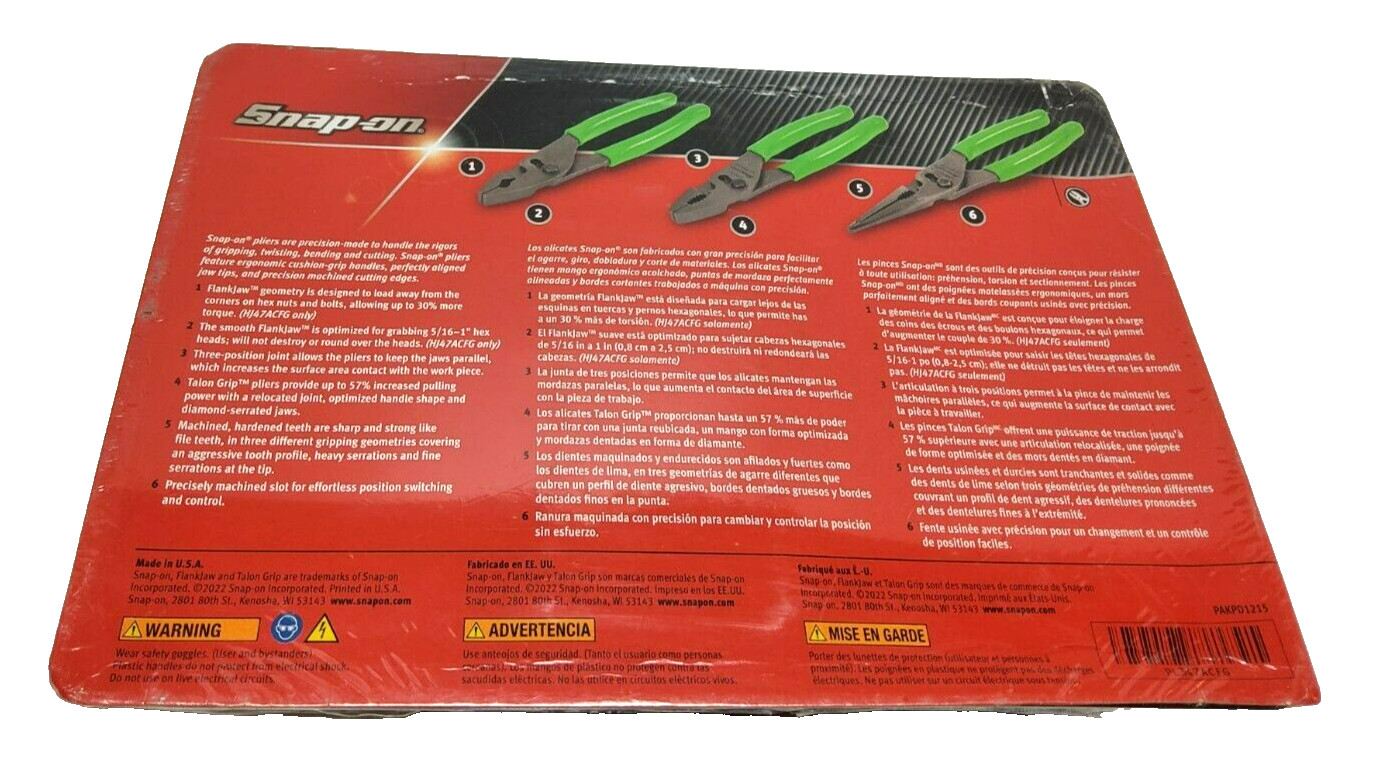 New Snap-on™ PL347ACFG Talon Grip™ Slip Joint Plier Set HJ47ACF 47ACF LN47ACF