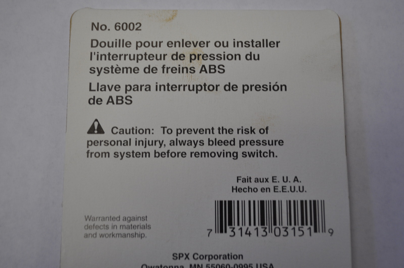 OTC 6002 ABS PRESSURE SWITCH SOCKET same as MILLER 6607 Made in USA