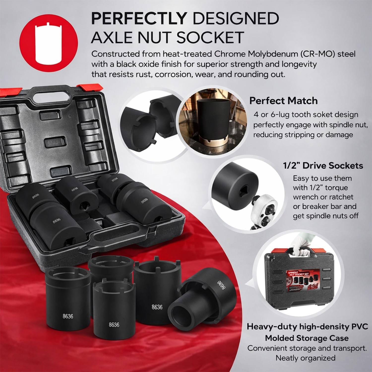 Spindle Nut Socket Tool Kit, 5Pcs Axle Hub Lock Nut Socket Set 1/2” Drive for…
