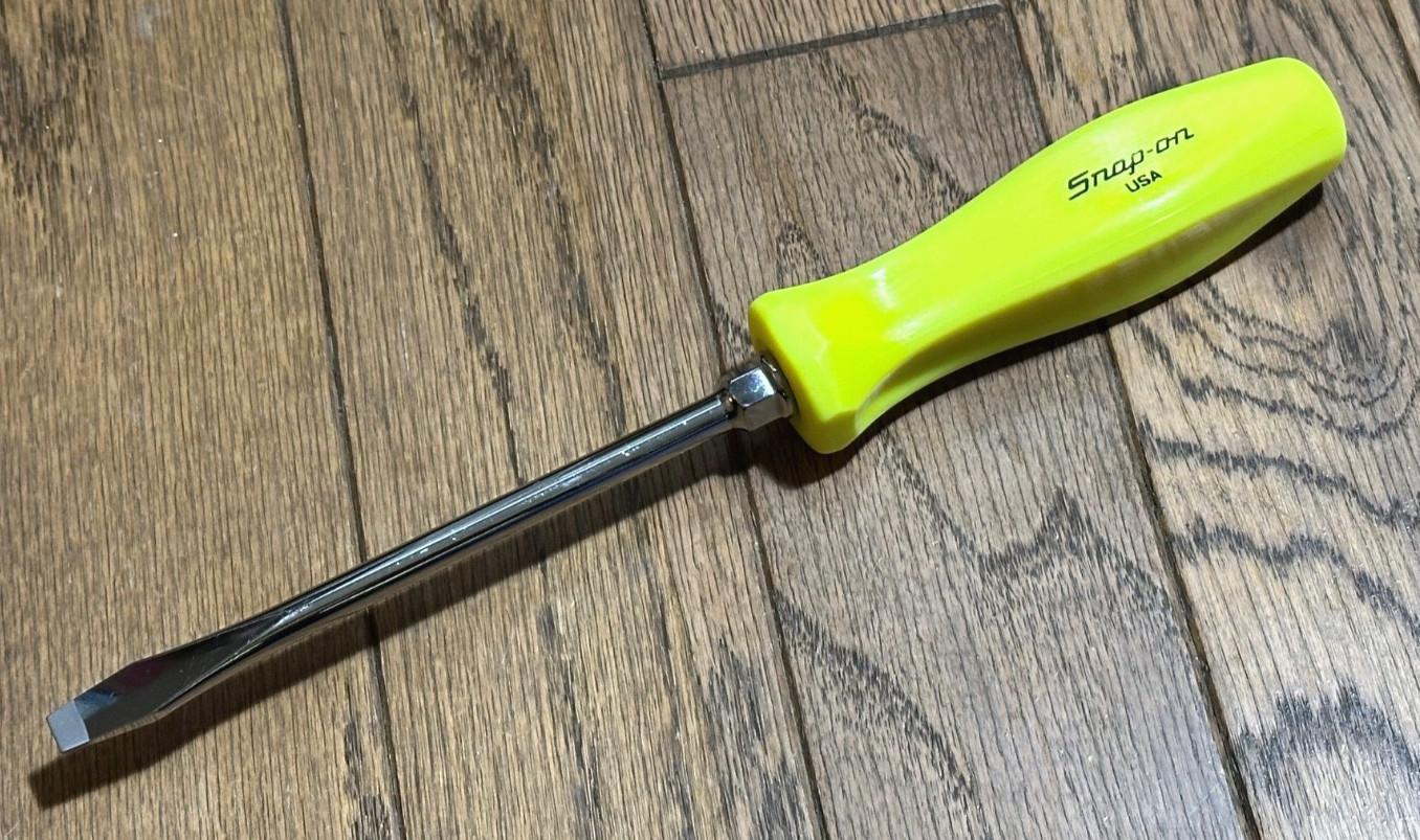 🇺🇸NEW Snap On Tools Hi-VIZ Yellow Hard Flat Blade Screwdriver Slotted 11″ Long