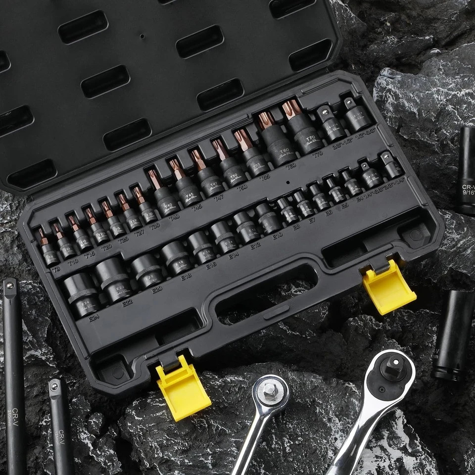 31-Piece Torx Bit & External Socket Set T8–T70 and E4–E24 Inverted Star