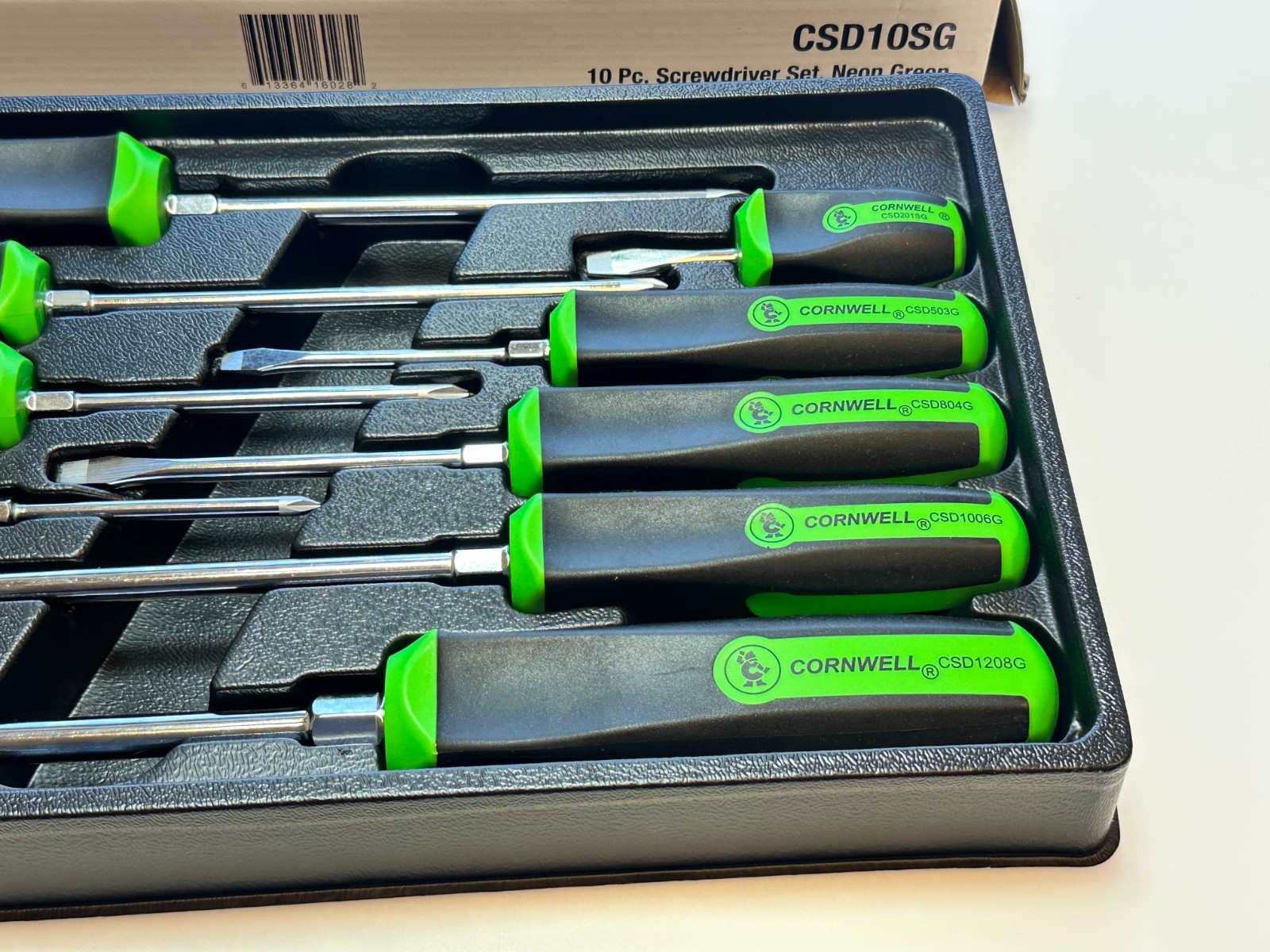 NEW Cornwell Tools CSD10SG 10pc NEON GREEN Square Grip Screwdriver Set, NOS