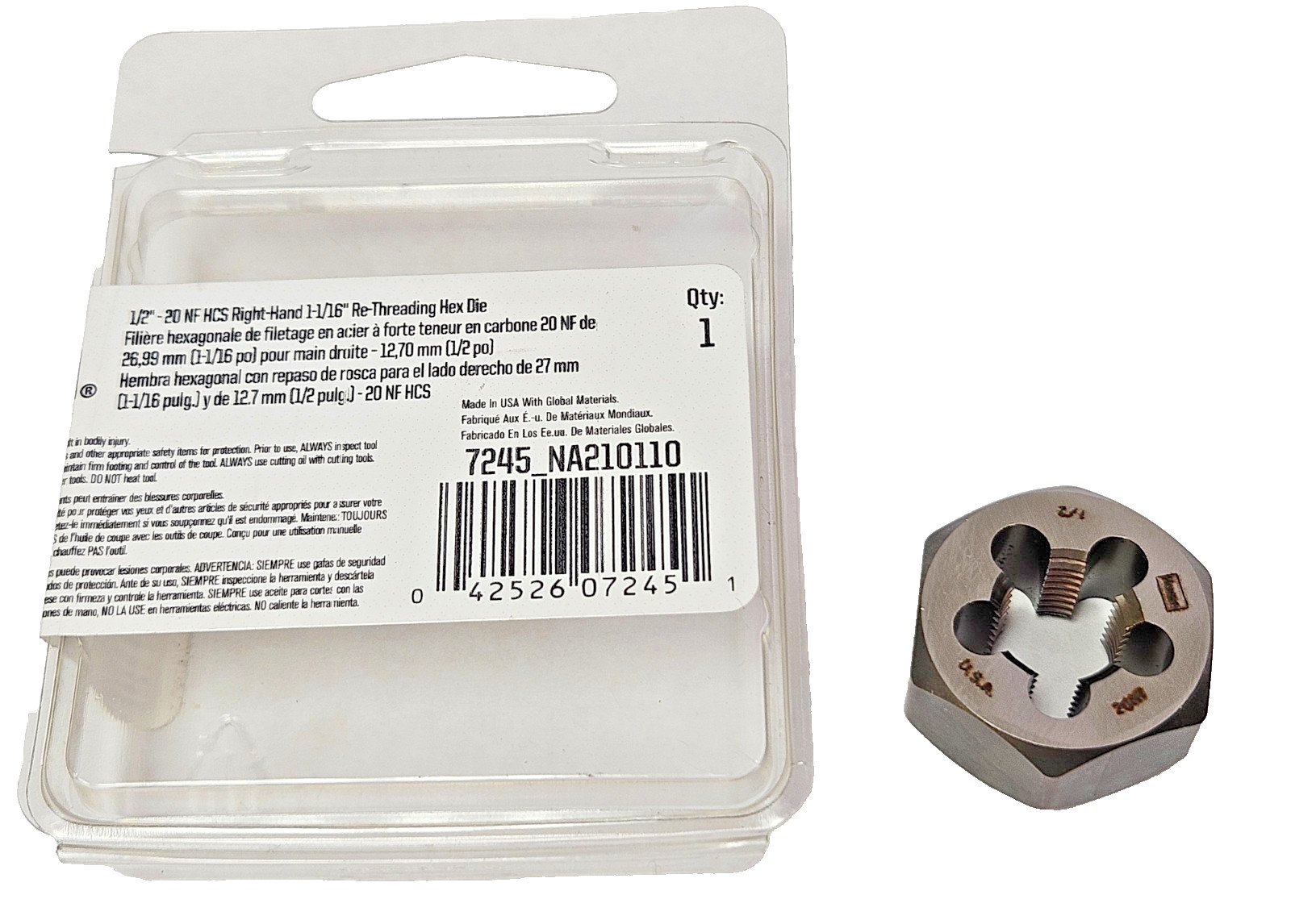 1/2-20 X 1″ NF Hex Die 7245 Irwin CS RH Rethreading Carbon Steel USA MADE