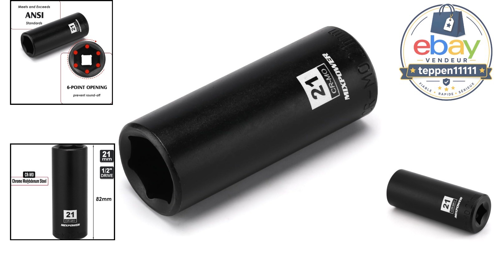 21mm Deep Impact Socket, 1/2 Inch Drive, 6 Point, CR-MO Steel