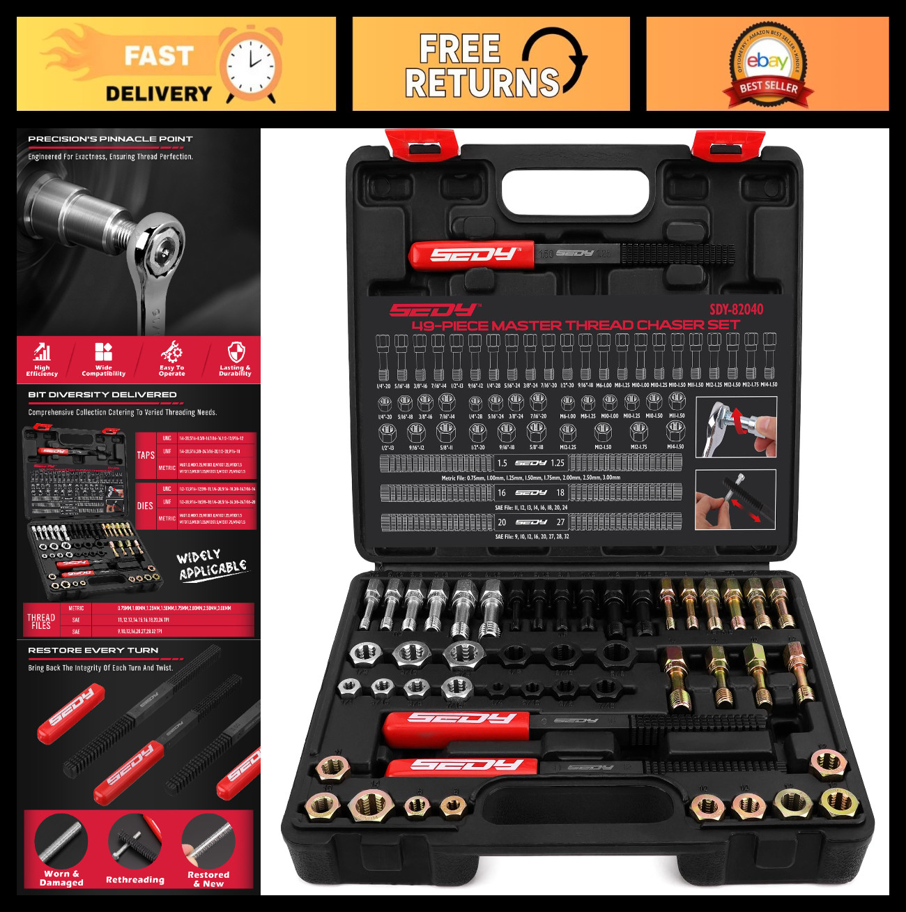 49PCS Thread Repair Tool Set – Rethreading Kit for Metric & SAE, Bolt & Nut Rest