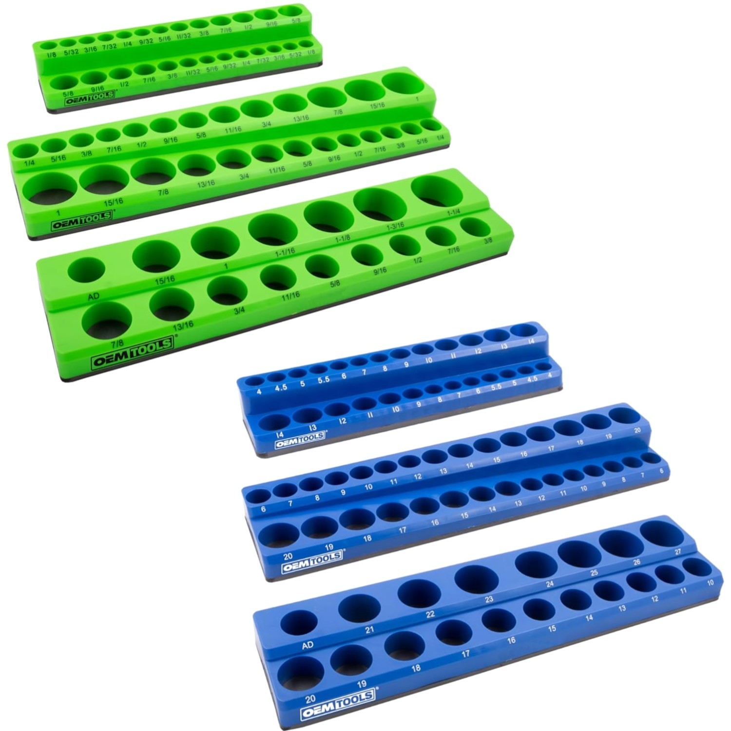 6 Pack Set Metric and SAE Magnetic Socket Tray Set, Green and Blue Socket Org…