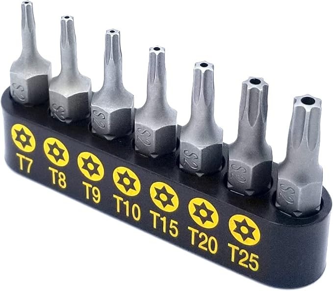Torx Security Bit Set 7 Piece T7 T8 T9 T10 T15 T20 T25 S2 Hardened Steel 1/4