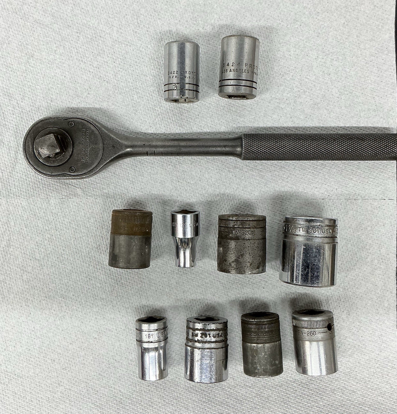 Vtg Proto 1/2 Drive 5449 Ratchet w/Snap On Proto Sockets 11 Pieces