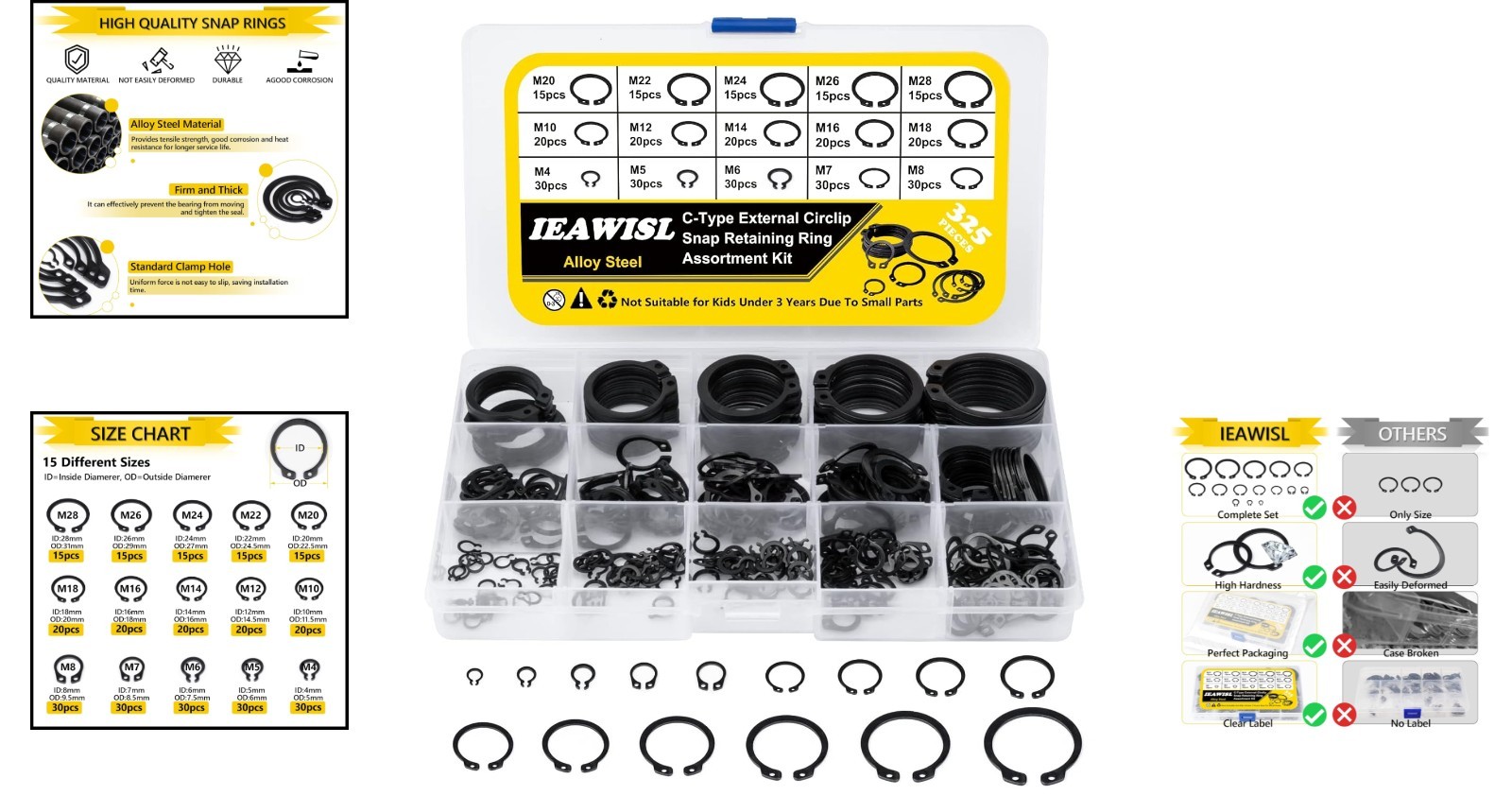 325Pcs Alloy Steel Snap Ring Set, 15 Sizes, C-Clips for Machines & Auto