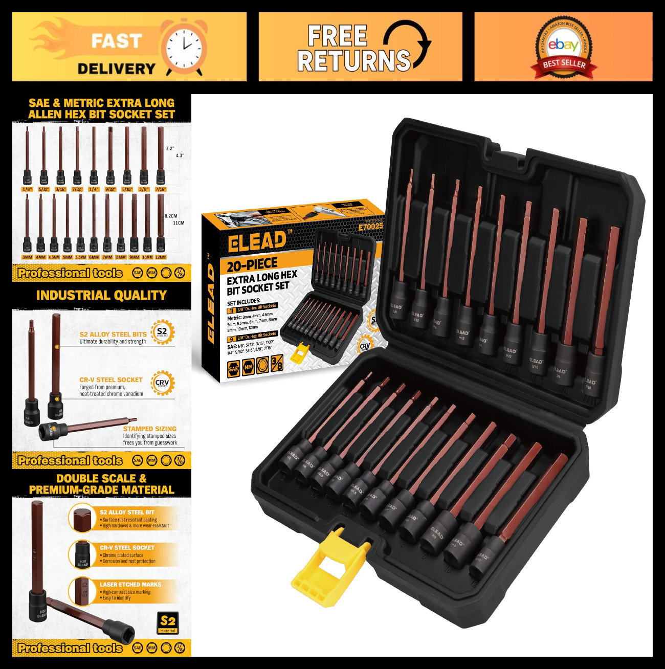 20-Piece Extra-Long Hex Bit Socket Set, 3/8″ Drive, S2 Steel, SAE & Metric Sizes