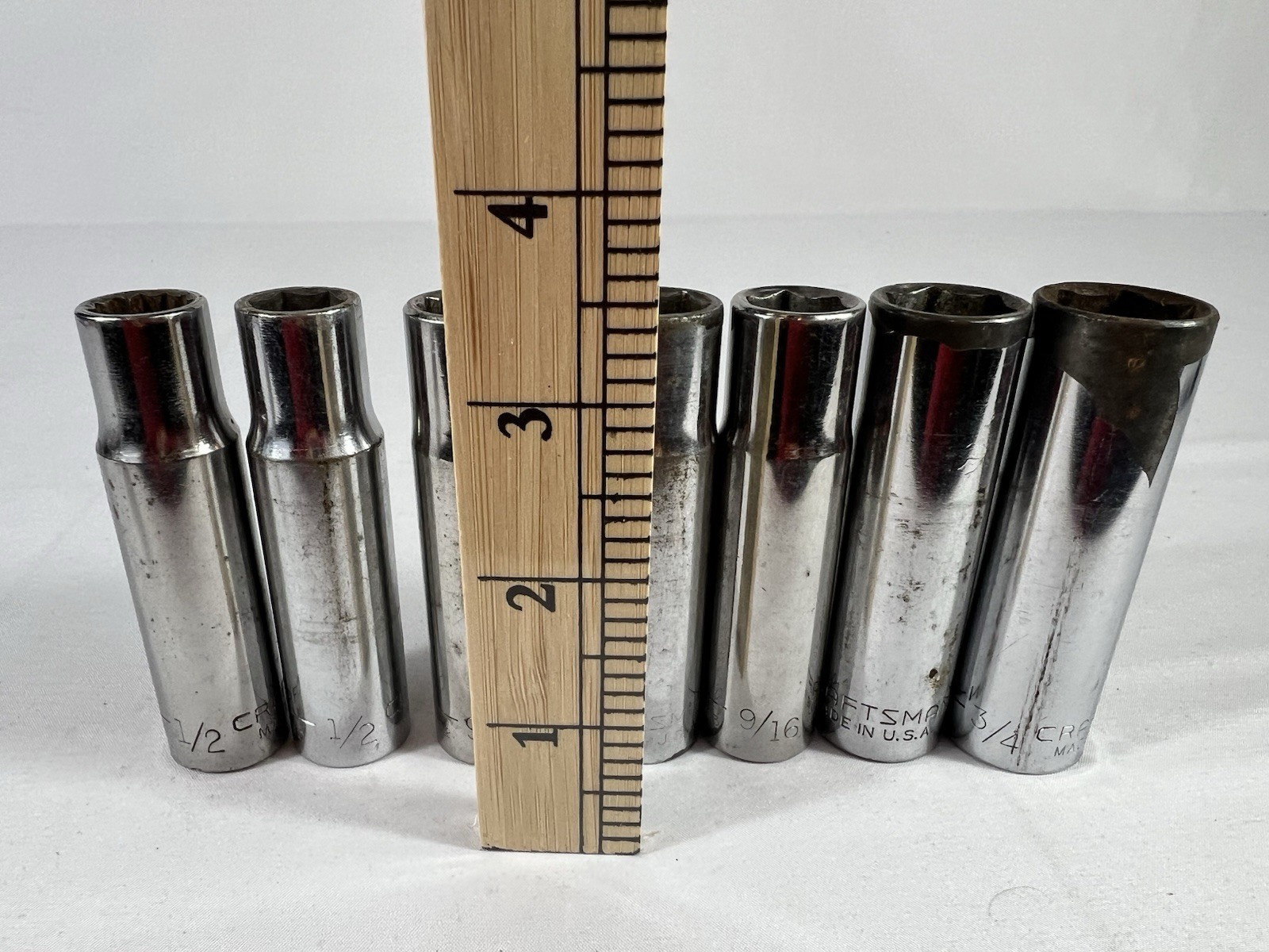 Lot Of 7 Craftsman Deep SAE 3 1/2” Tall Sockets, Various Sockets From 1/2 To 3/4