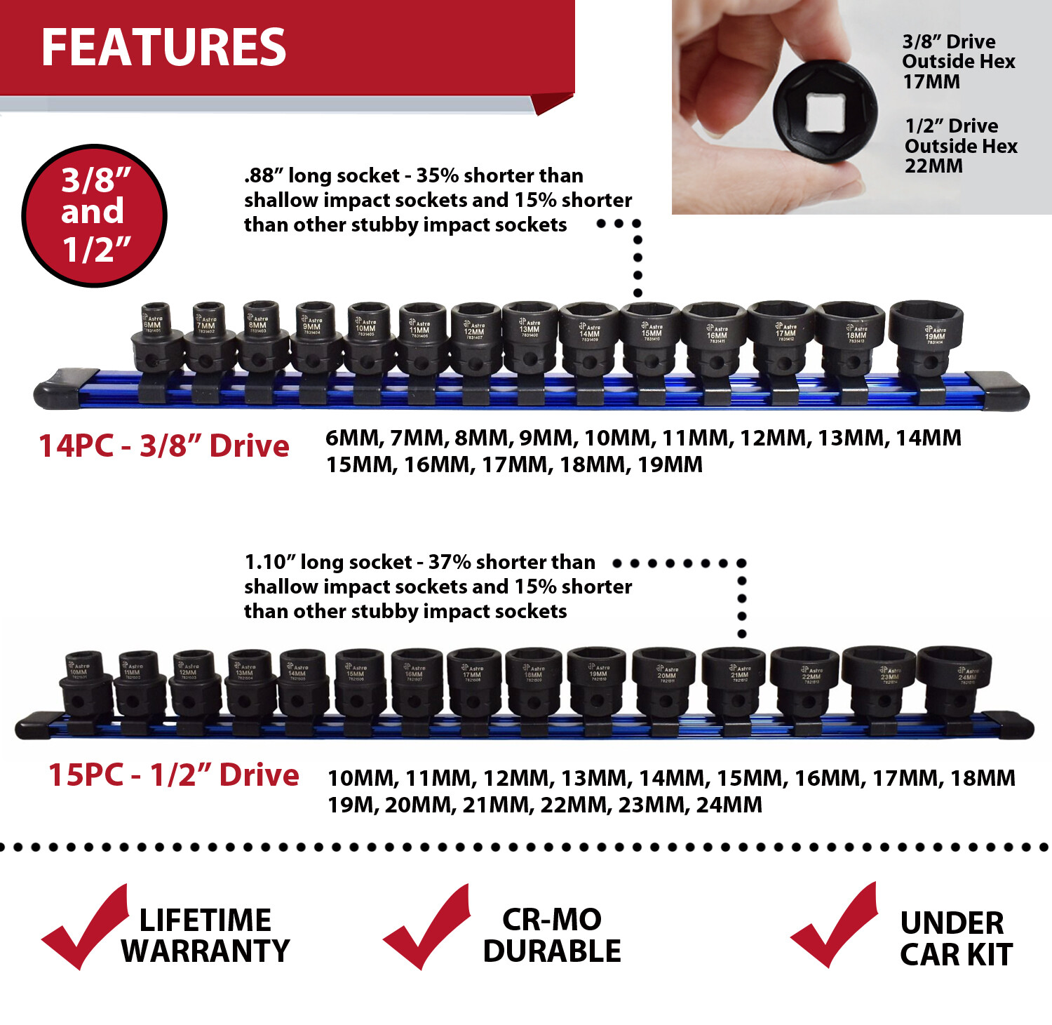14 pc Astro Pneumatic 3/8″ Dr and 15 pc 1/2″ Dr Nano Impact Set 78314 78215