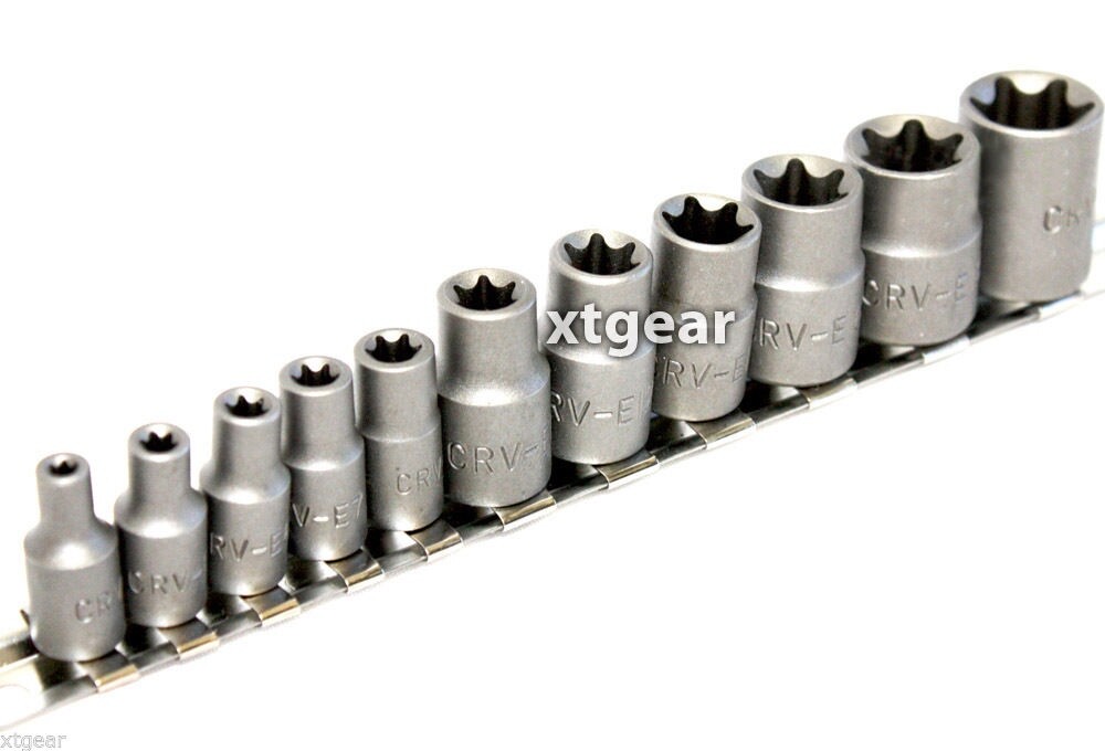 11pc 3/8″ & 1/4″ Dr. Torx Star Bit Female E Socket Set E4 to E20 w/ Rail Rack