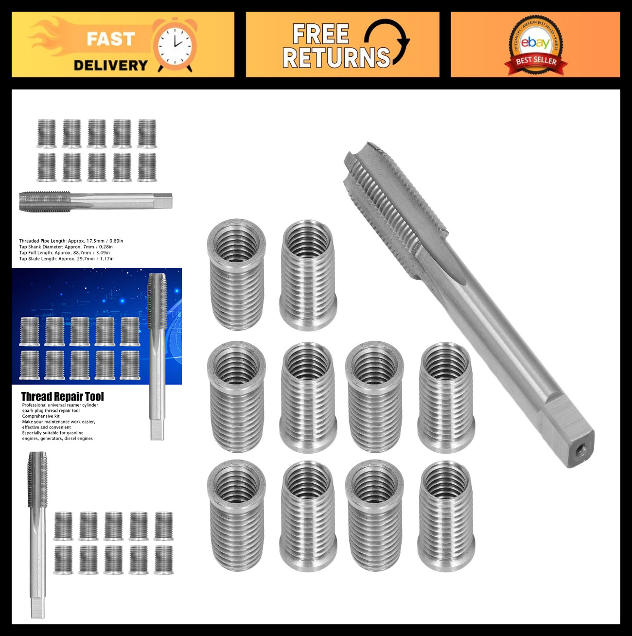 M10x1.25 Spark Plug Thread Repair Kit, M12x1.25 Tap, Stainless Steel Automotive