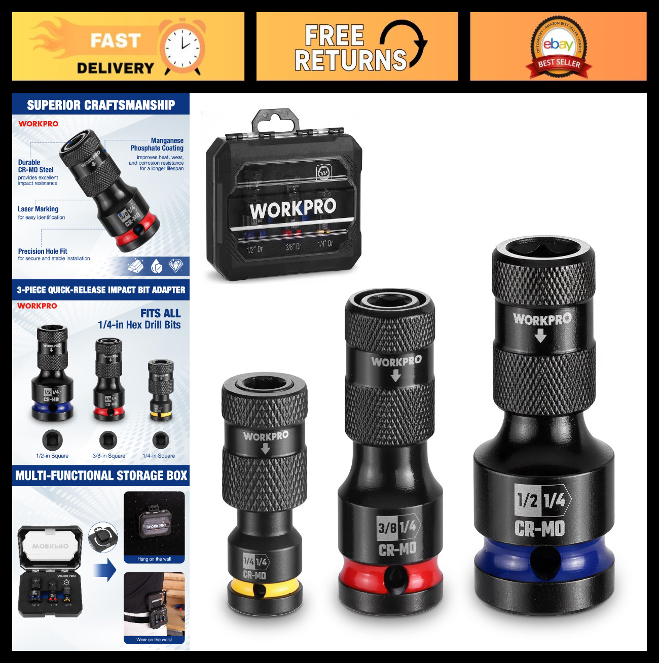Quick Release Hex Impact Socket Adapter Set – 1/2″, 3/8″, 1/4″ Bit Holders, CR-M