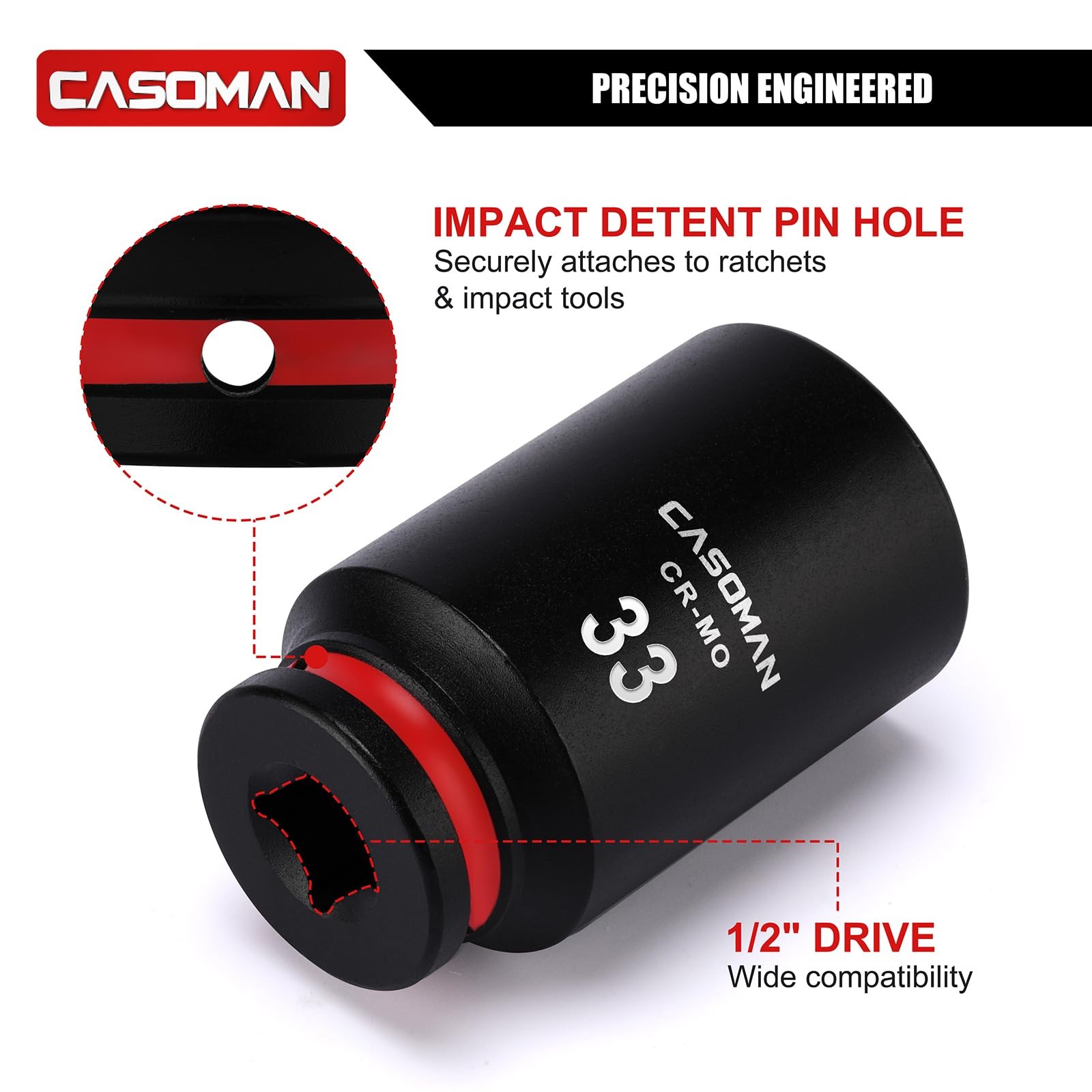 CASOMAN 1/2″ Drive x 33mm Deep Impact Socket, 6-Point, Metric, CR-MO