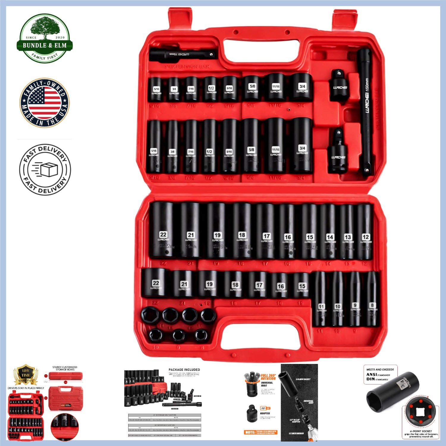 Chrome Vanadium Steel Impact Socket Set 3/8-Inch Drive with 1/2 to 3/8 Reducer