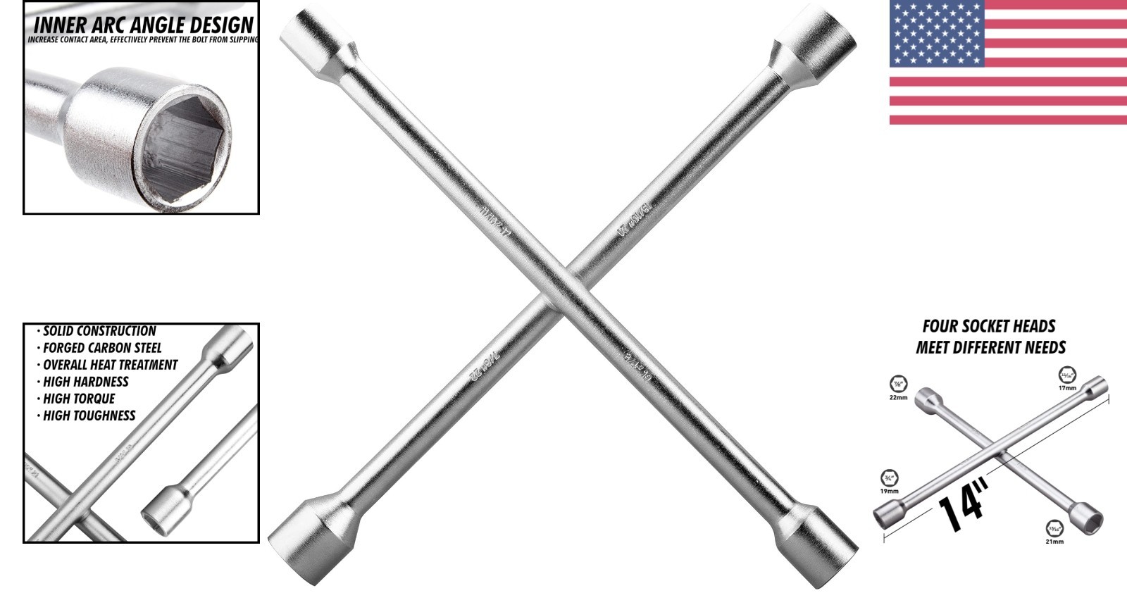 4 Way Tire Iron Wrench 14 Inch Heavy Duty Lug Tool Chrome Finish Carbon Steel