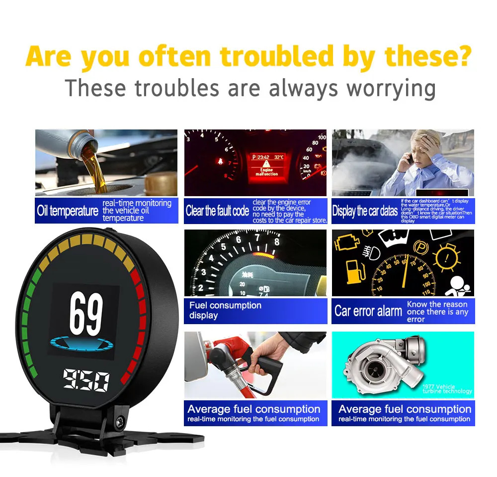 Car OBD Head-Up Display Smart Digital Speedometer Water Temp Gauge Turbo Boost