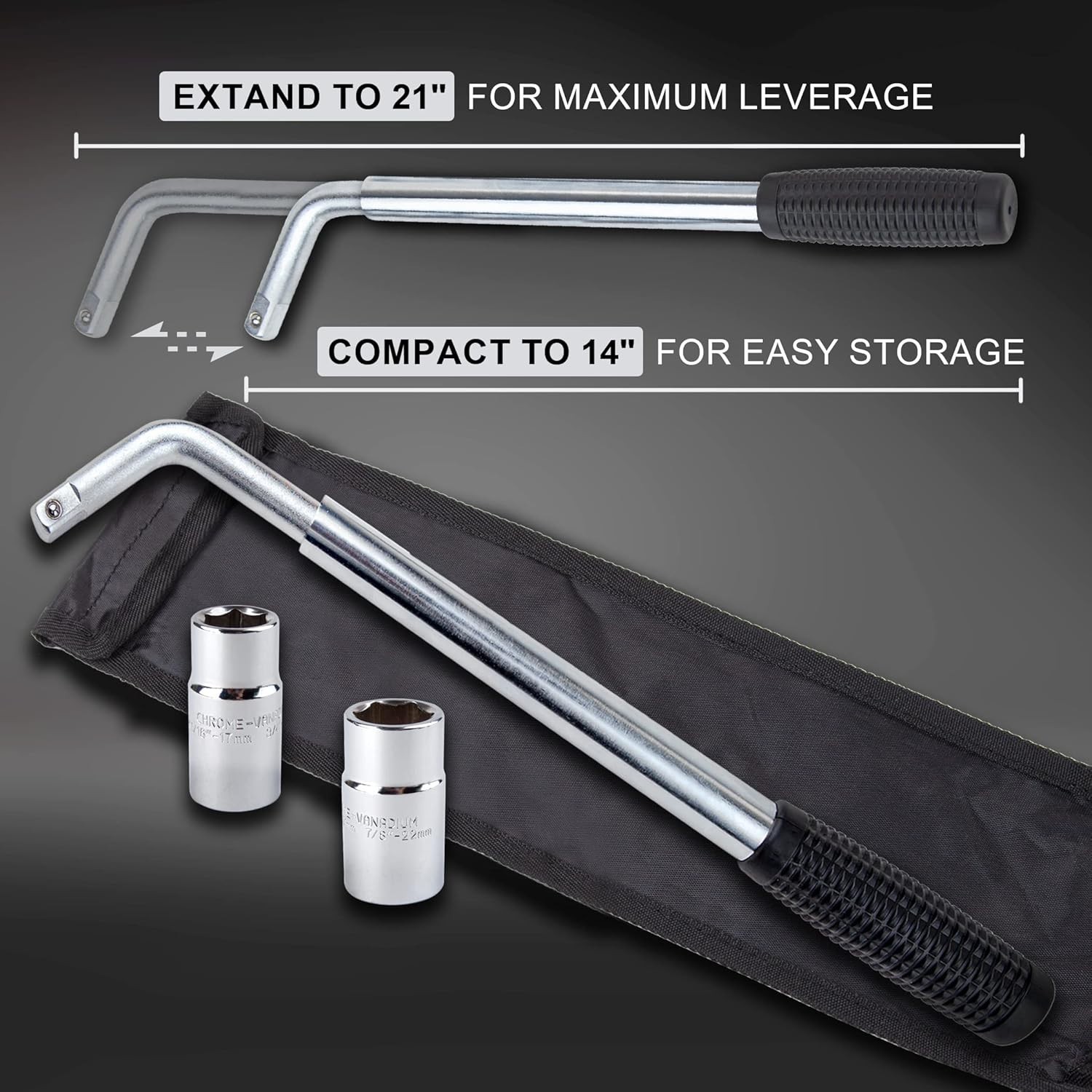 Telescoping Lug Wrench with 17/19 & 21/22mm CR-V Sockets – 21 Inch Extendable