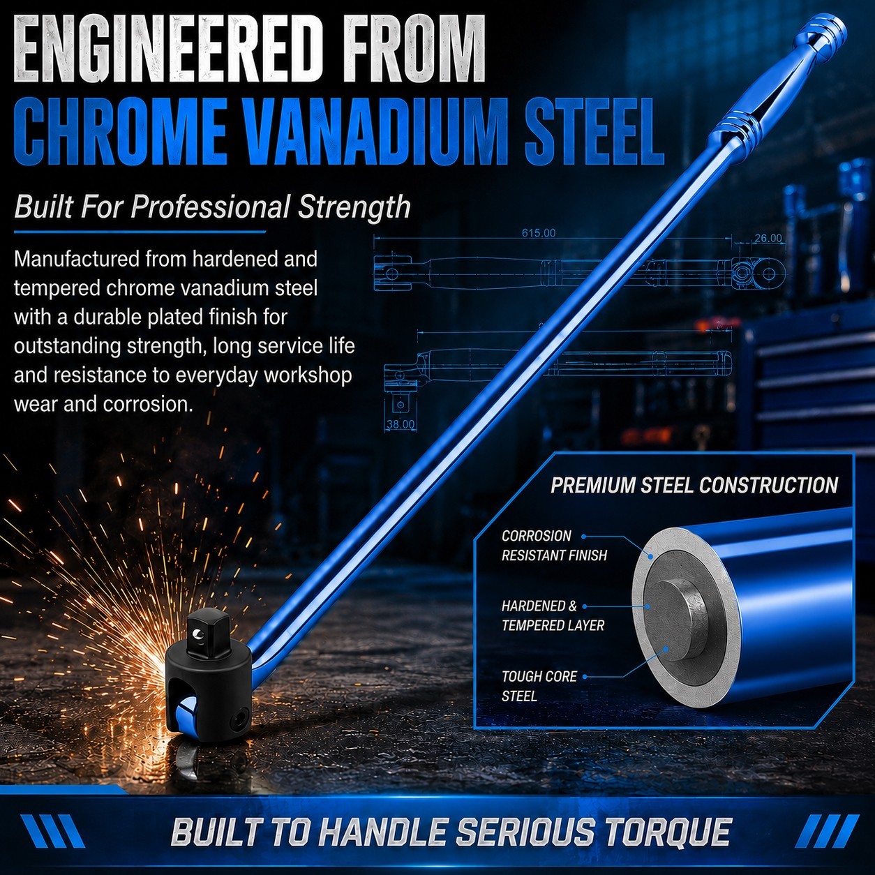 Autojack 24″ Breaker Bar 1/2″ Socket Sq Dr Power Flexi Knuckle Blue Chrome 600mm