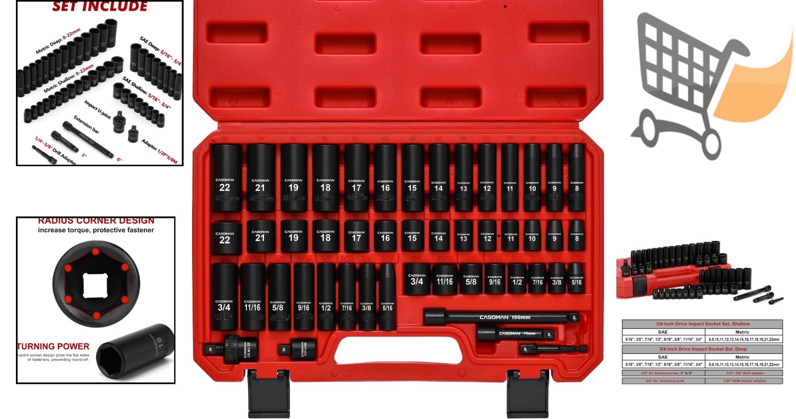 Impact Socket Set 49 Pieces Chrome Vanadium Standard SAE Metric 6-Point