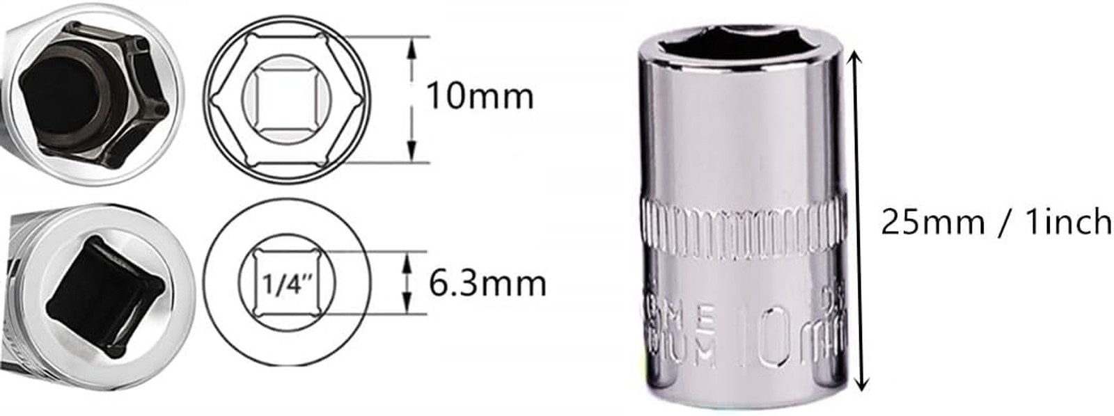1/4 Inch Drive 10mm Chrome Vanadium Steel Socket Set 6 Point Shallow Well