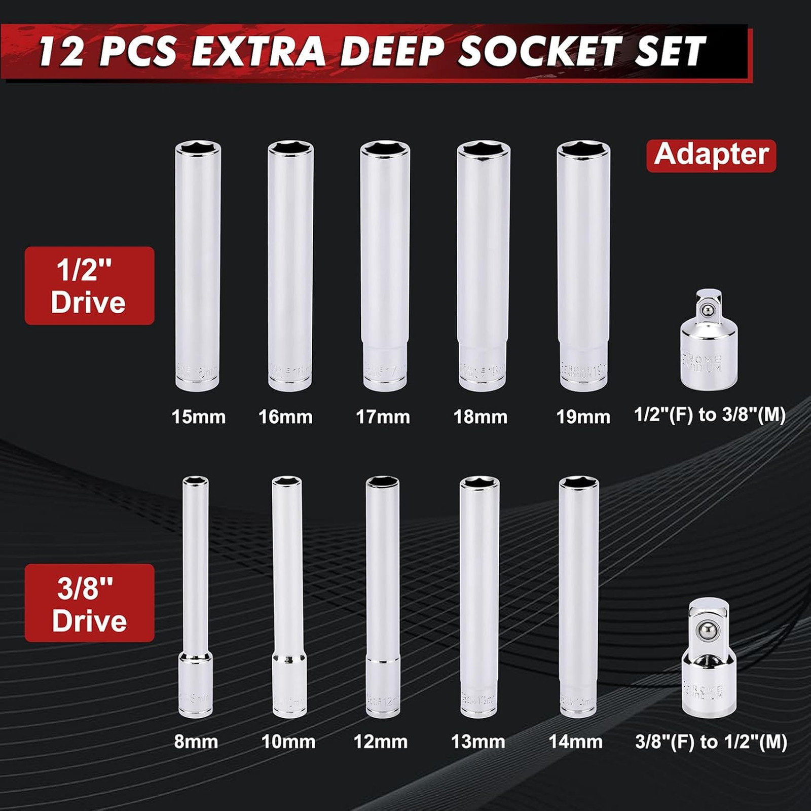 12 Piece Deep Socket Set 3/8 and 1/2 Inch Drive Impact Grade Chrome Vanadium