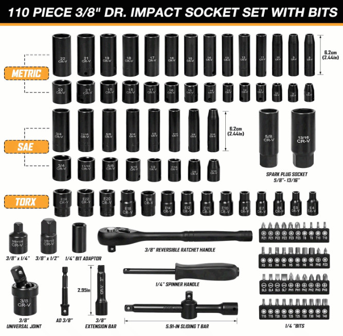 110PC 3/8″ Drive Impact Socket Set SAE & Metric CR-V w/ Ratchet & Case