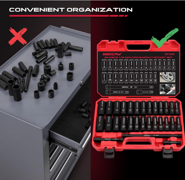 29-Piece 1/2″ Drive Impact Socket Set, SAE & Metric with Extension Bars