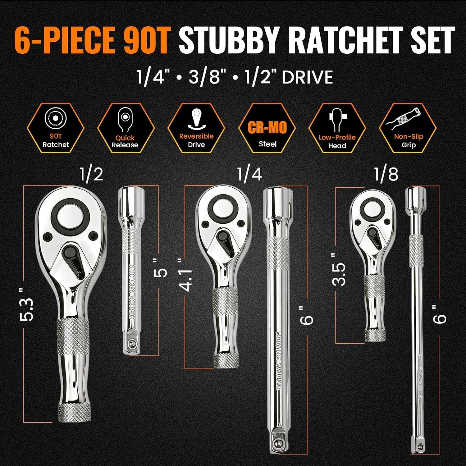 6-Piece Stubby Ratchet and Socket Extension Set, 90T 1/4″, 3/8″, 1/2″ Drive M…
