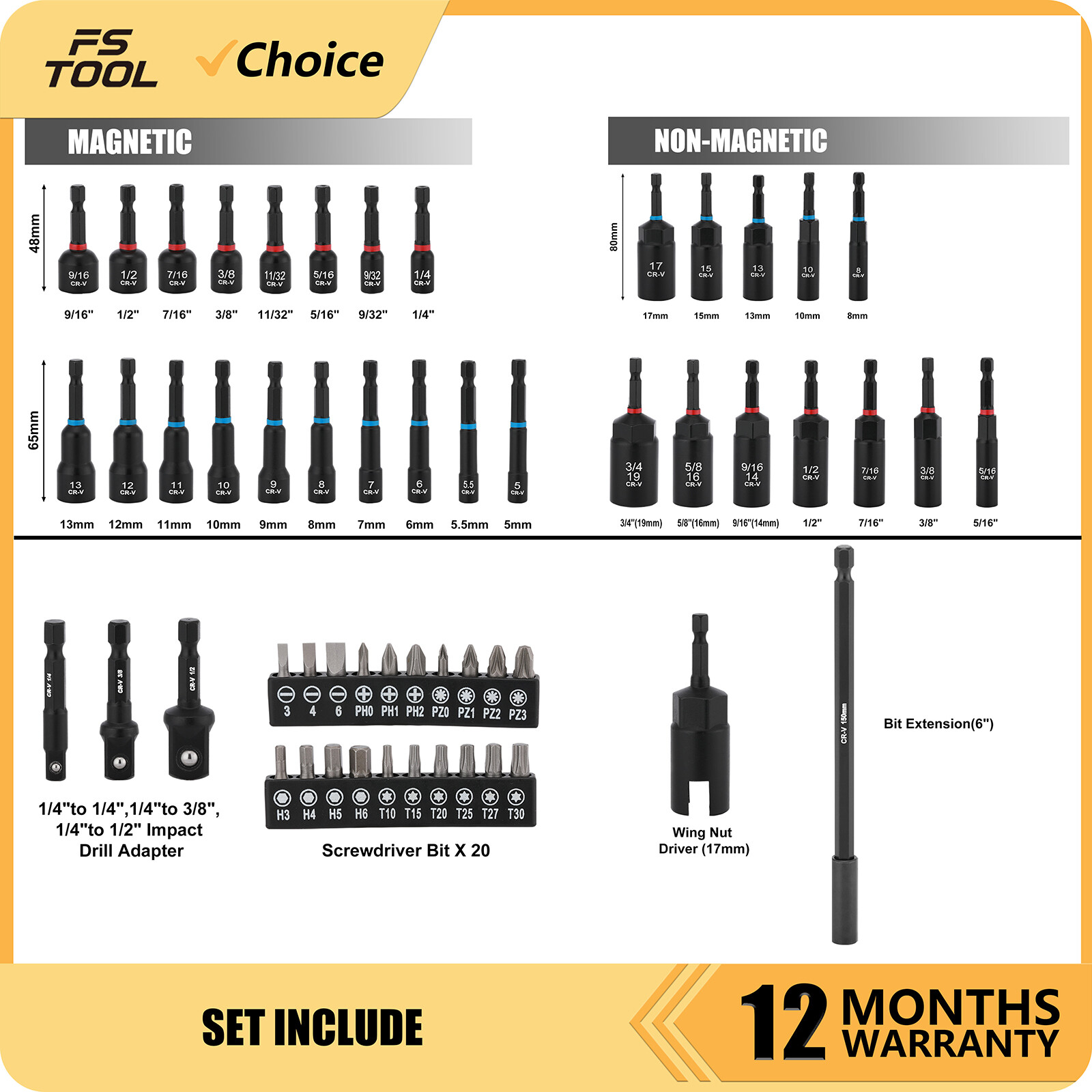 55PCS Magnetic Nut Driver Metric & SAE Magnetic Impact Drill Driver Bit Deep set